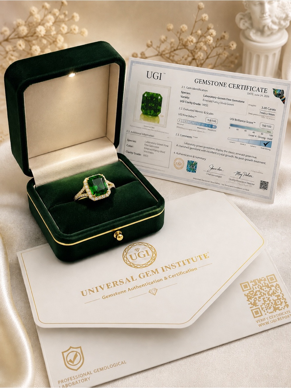 UGI Certified Green Emerald-Cut Gemstone Ring in Gold